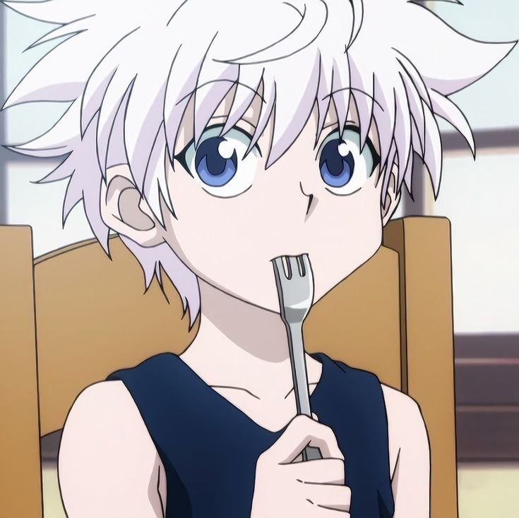 Killua from "Hunter x Hunter" with a fork in his mouth