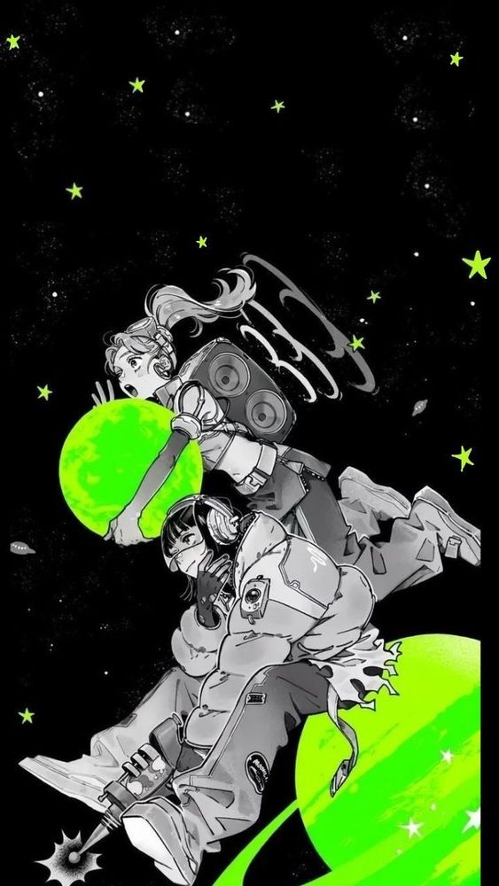 Artwork of Mitsuki and Aya from the manga series "The Guy She Was Interested in Wasn't a Guy At All." It shows the couple in astronaut-like clothing in space. The planets are the covers' iconic neon green, with the characters and background in black & white. Aya is hugging one of the planets, and Mitsuki is sitting on the other one.
