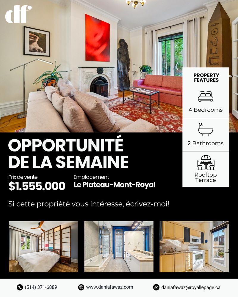 Maison victorienne à vendre au Plateau-Mont-Royal, Montréal — salon élégant avec foyer, hauts plafonds et décor moderne. Opportunité de la semaine présentée par Dania Fawaz, courtière immobilière Royal LePage . Prix demandé 1 555 000 $, 4 chambres, 2 salles de bain, terrasse sur le toit.