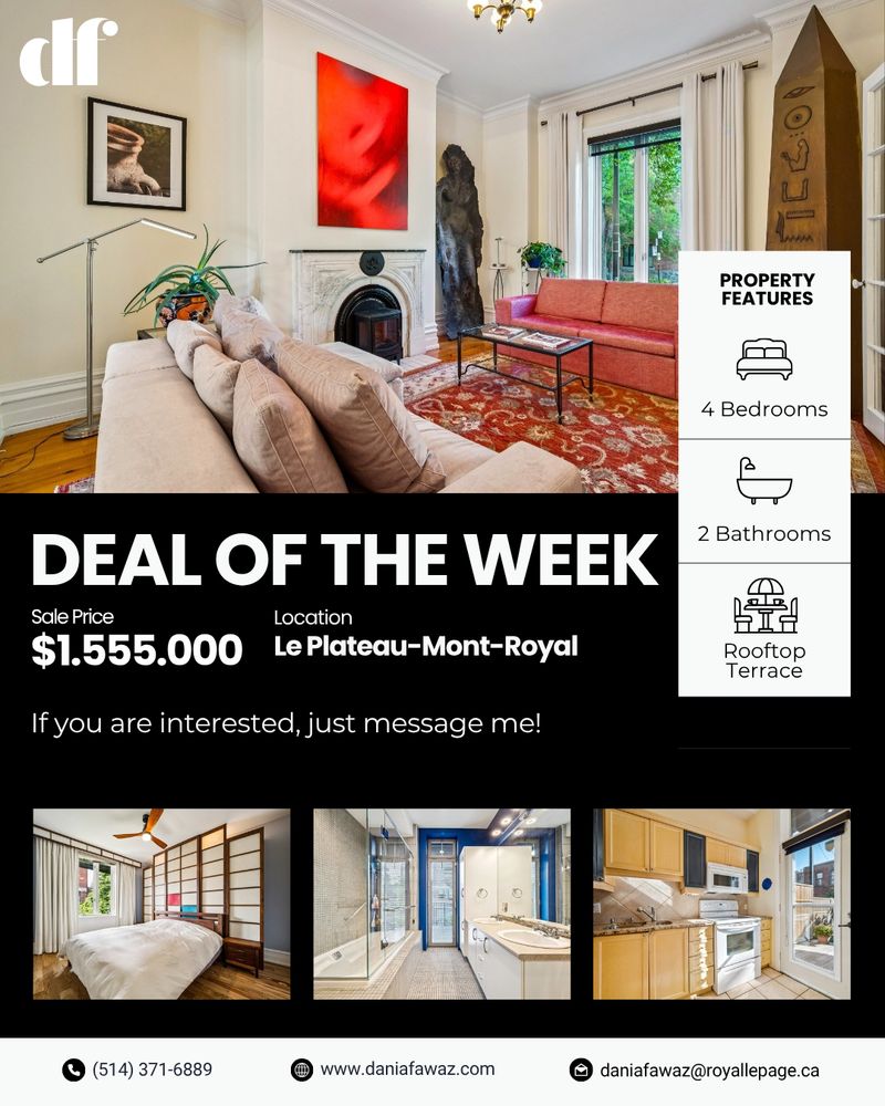 Victorian house for sale in Le Plateau-Mont-Royal, Montréal — elegant living room with fireplace, high ceilings, and modern decor. Deal of the Week by Dania Fawaz Real Estate Broker, Royal LePage. Asking price $1,555,000, 4 bedrooms, 2 bathrooms, rooftop terrace.