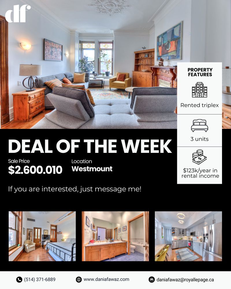 Marketing poster titled Deal of the Week. Large photo of a bright Westmount living room with ornate ceiling, gray sectional and wood built-ins. Right panel icons note: Rented triplex, 3 units, $123k/year in rental income. Text shows Sale Price $2,600,010 and Location Westmount. Bottom row features three thumbnails: a bedroom, a bathroom with double vanity, and a modern kitchen. Footer includes phone, website and email.