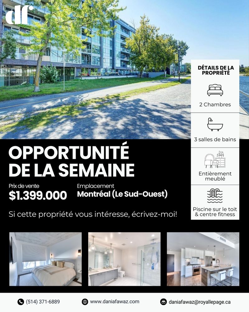 Condo de luxe à vendre à Montréal (Le Sud-Ouest) le long du canal de Lachine – Opportunité de la semaine par Dania Fawaz Courtier Immobilier. Unité moderne de 2 chambres, 2,5 salles de bains, entièrement meublée, aire ouverte avec comptoirs en quartz, électroménagers haut de gamme, piscine et lounge sur le toit, centre fitness et vues imprenables sur l’eau.