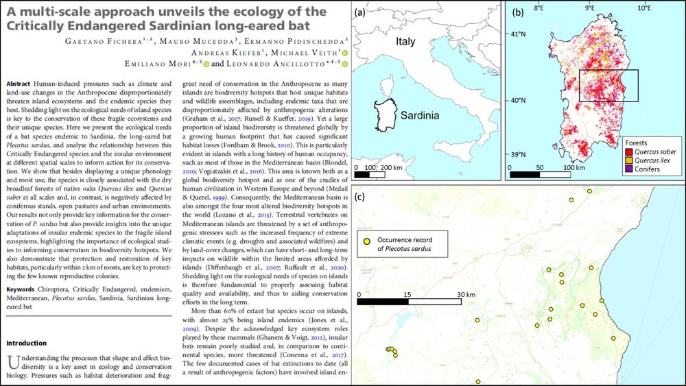 First page of the article 'A multi-scale approach unveils the ecology of the Critically Endangered Sardinian long-eared bat' and a map of the study area and occurrence records in Sardinia. 