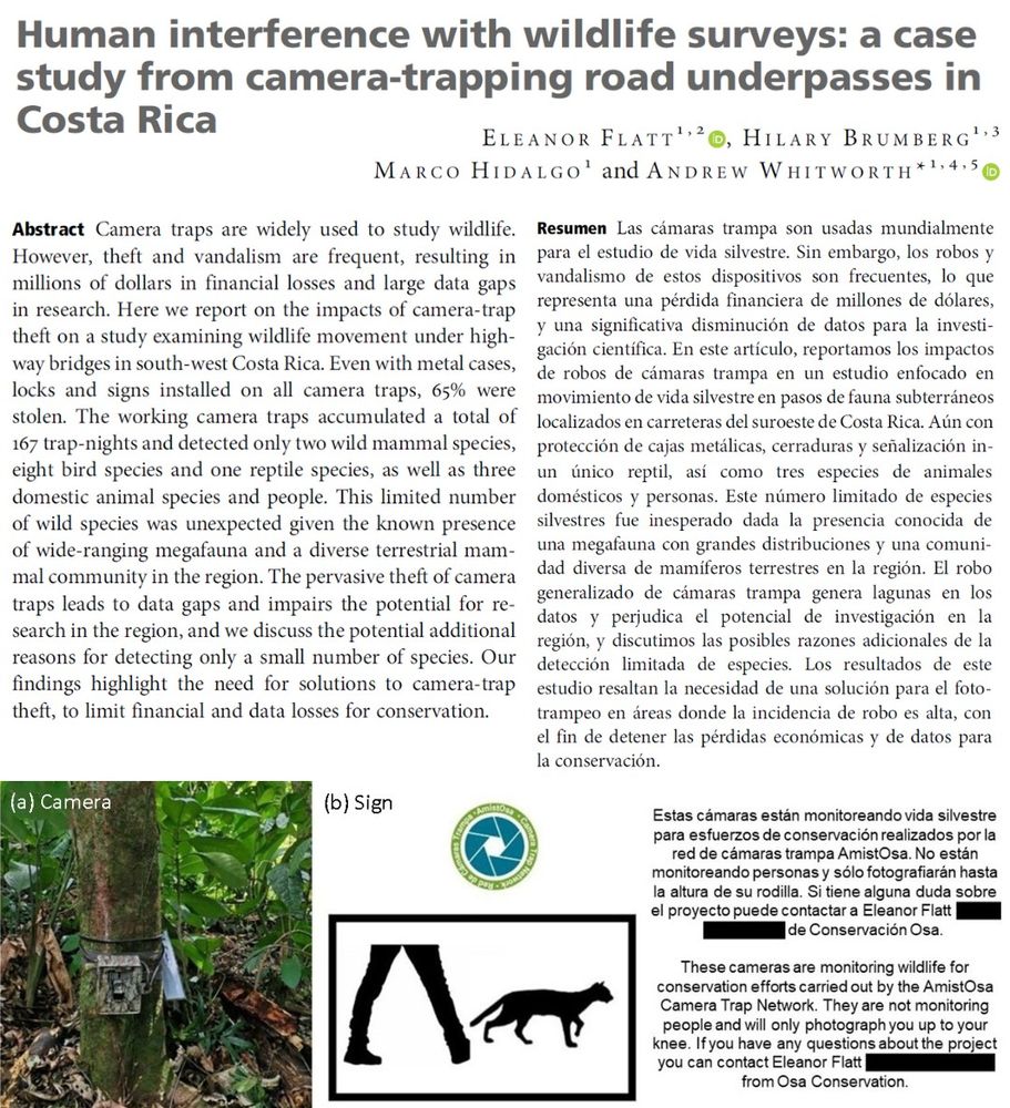 Title and Abstract of the paper, in English and Spanish. Below is an image of one of the camera traps, and one of the signs used to deter theft.