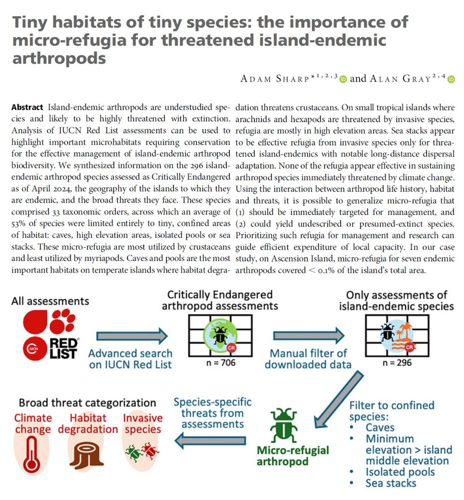 Title and abstract of the article 'Tiny habitats of tiny species: the importance of micro-refugia for threatened island-endemic arthropods'. Below the abstract is an infographic showing the process of filtering IUCN Red List assessments, identifying Critically Endangered arthropods confined to micro-refugia, and finally extracting species-specific threat information coded into categories within assessments.