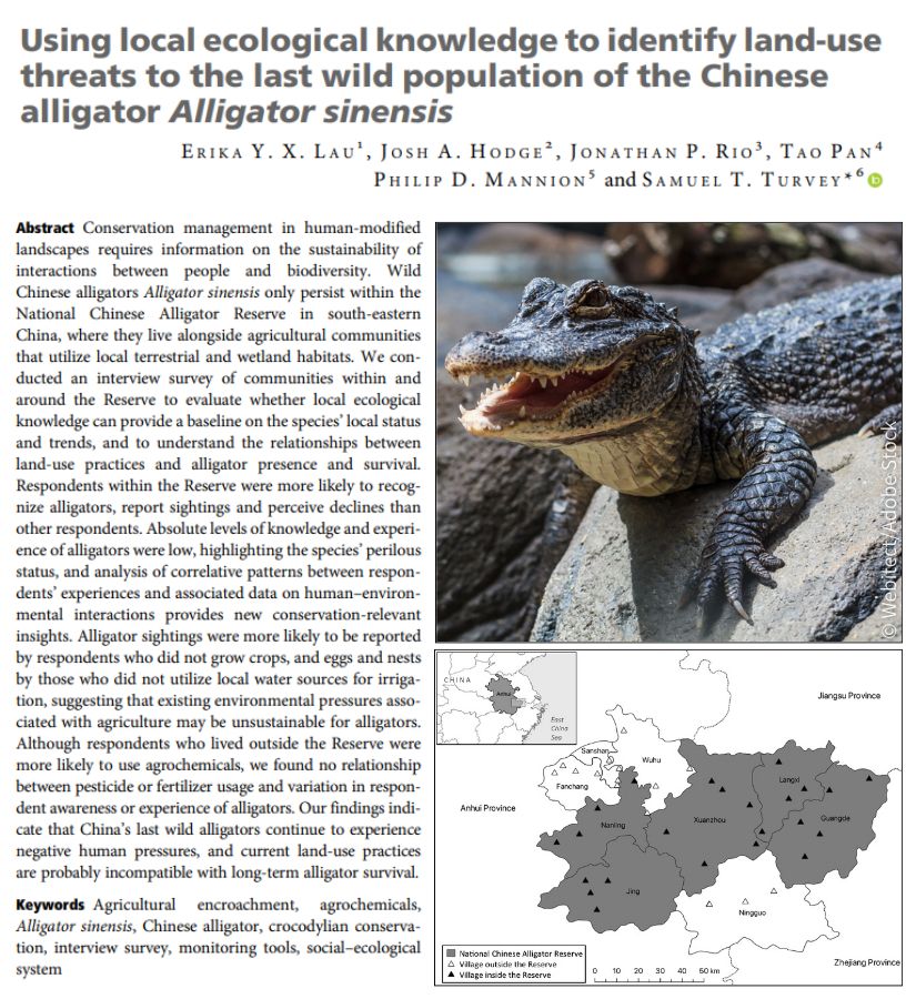 Title and abstract of the article, with an image of a Chinese alligator and a map of the study area in China. 