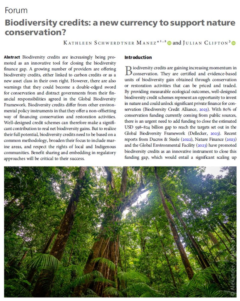 Title and abstract of the article 'Biodiversity credits: a new currency to support nature conservation?', with a photo of trees in a rainforest.