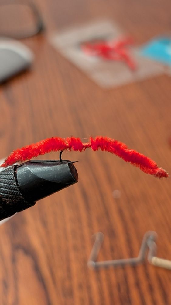 A red tied fly called a "San Juan Worm" in a vice, held by its hook. 