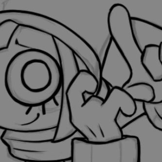 A cropped unfinished drawing of a jester character making distinctive hand gestures whilst shyly looking at the viewer.