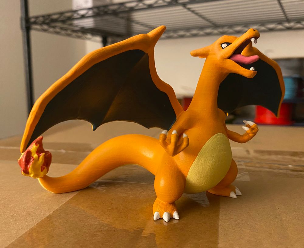 Charizard from an angle. Some shelves are behind him, resembling the support beams of a gymnasium or warehouse.
