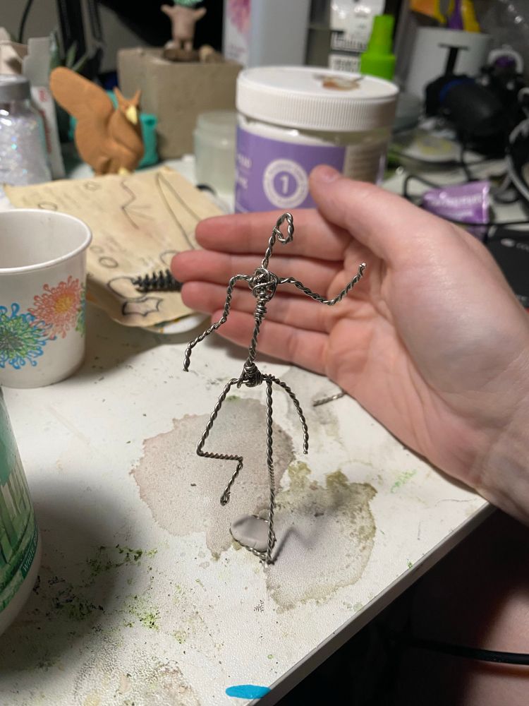 A wireframe armature on two legs.