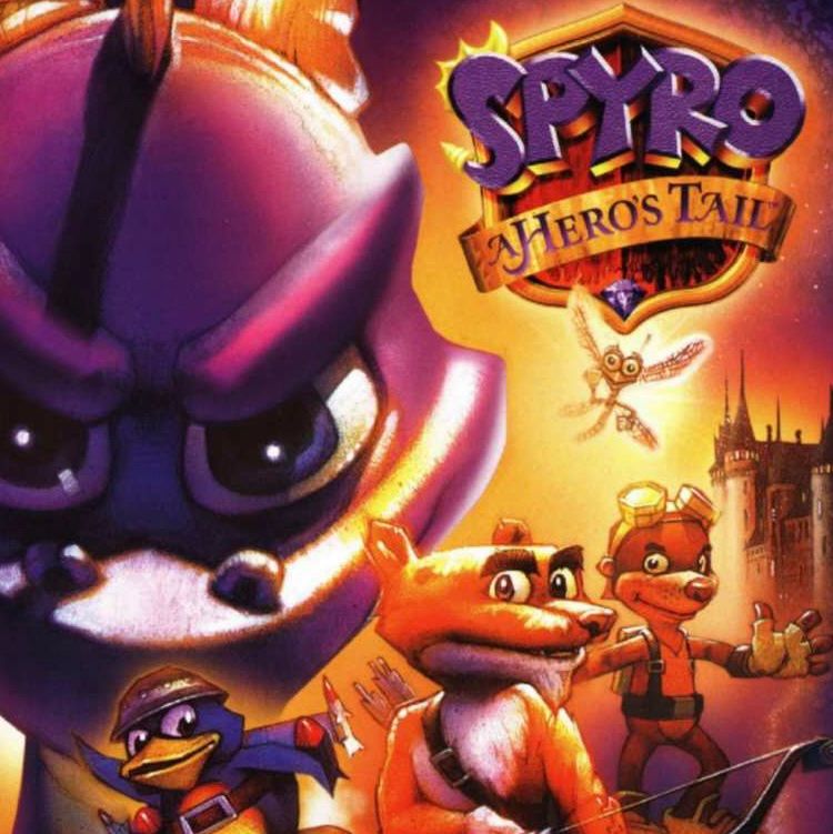 The very painterly cover art for Spyro: A Hero's Tail featuring Spyro's face and art of Blink, Sgt Byrd, Hunter, and Sparx's classic model, with a generic castle in the back. The colors are warm and tbe shading is dramatic, like an old action movie poster.