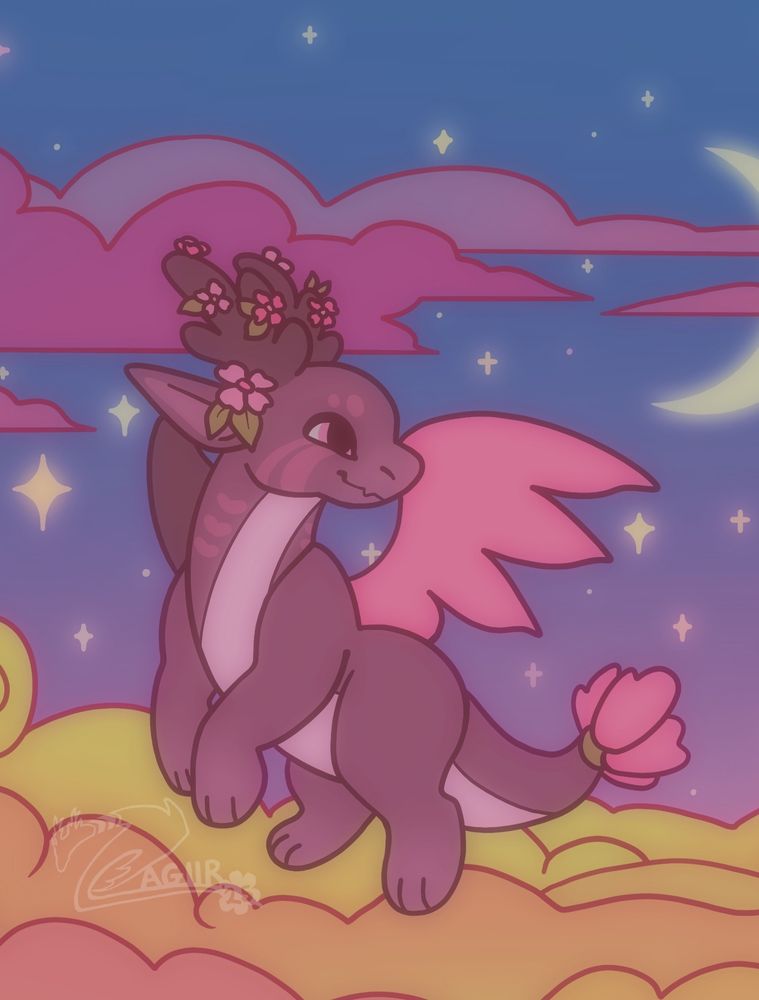 An art piece by zagiir of a pudgy little dragon in a dark warm purple color with accents of rosy pink, and horns with cherry blossoms sprouting from them. She is portrayed above puffy, dreamy clouds in a night sky.