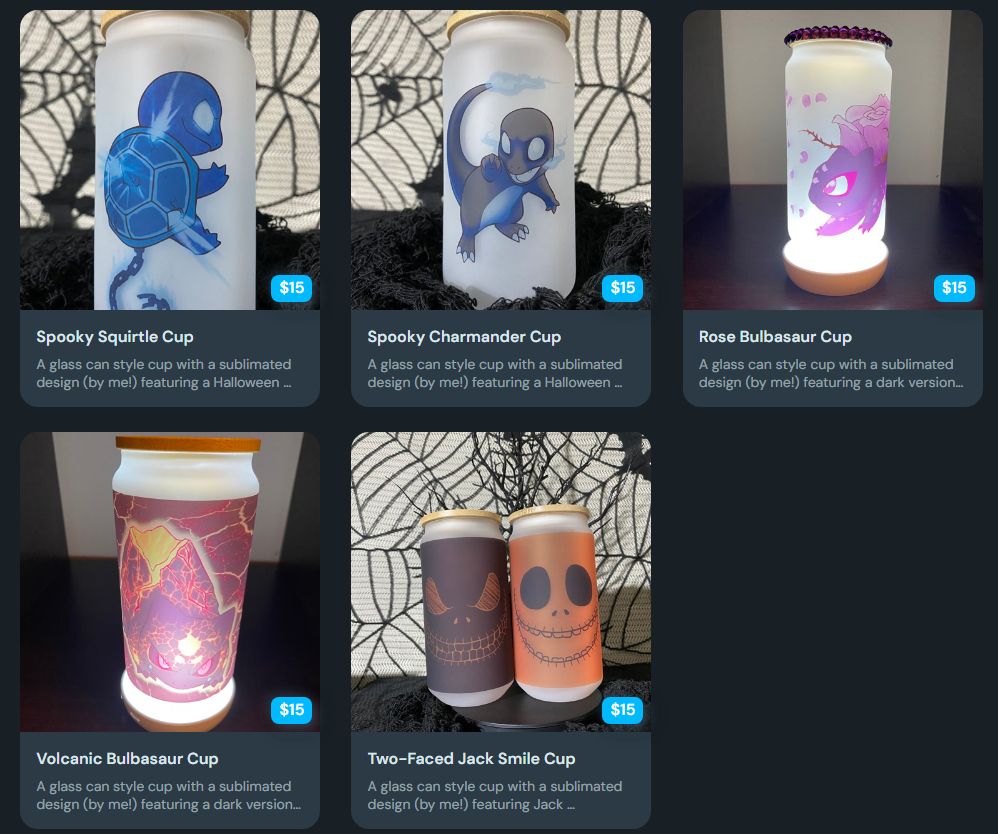 Some glass cups with bamboo lids. Four of the designs feature dark or spooky versions of popular Pokemon, and one is of a generic Jack Skellington face in an evil/happy grin.