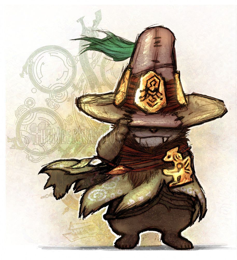 A sketch of a small brown creature resembling Stitch or a Wookie wears cloak adorned with patterns and lined with fur, held to his body with vines. He wears a tall conical hat with a brim, like a wizard's hat, and tips it to the viewer. Golden relics adorn his hat and one resembling a dragon is pinned to his cloak. There is a pattern behind him with the Wilds logo plastered into it.
