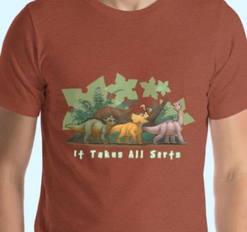 The dinosaurs from The Land Before Time walking in front of a log in single file, with tree star shapes behind them. The text below reads "It Takes All Sorts"