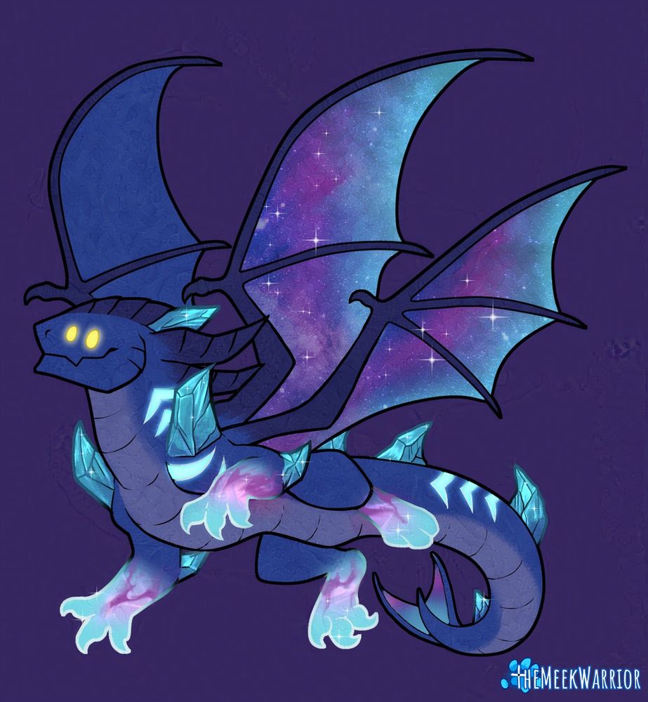 A hunky blue dragon with a cartoony face flies through the air. He has glowing yellow eyes, and crystals sprouting from his back and elbows/shoulders. The insides of his wings glitter like galaxies, and his feet are engulfed in magical purple flames. His feet and several vents on his body seep blue light.