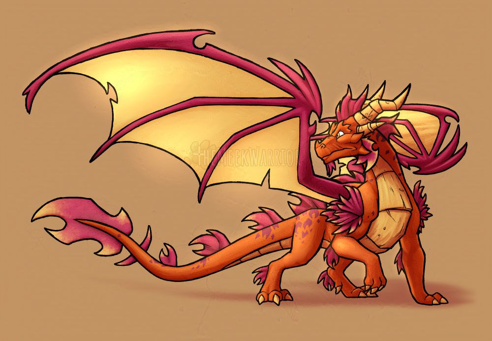 A drawing of an orange dragon with magenta markings and plates jutting from his neck and back that resemble flames. He has a noble and fierce expression. Light is gleaming through one of his wings.