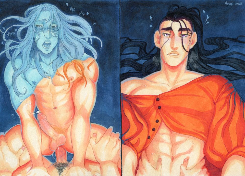 One side Cadell rides Vorell, half shaded in tones of blue, his expression wanton. On the other side Vorell looks up, smitten, lip caught between his teeth.