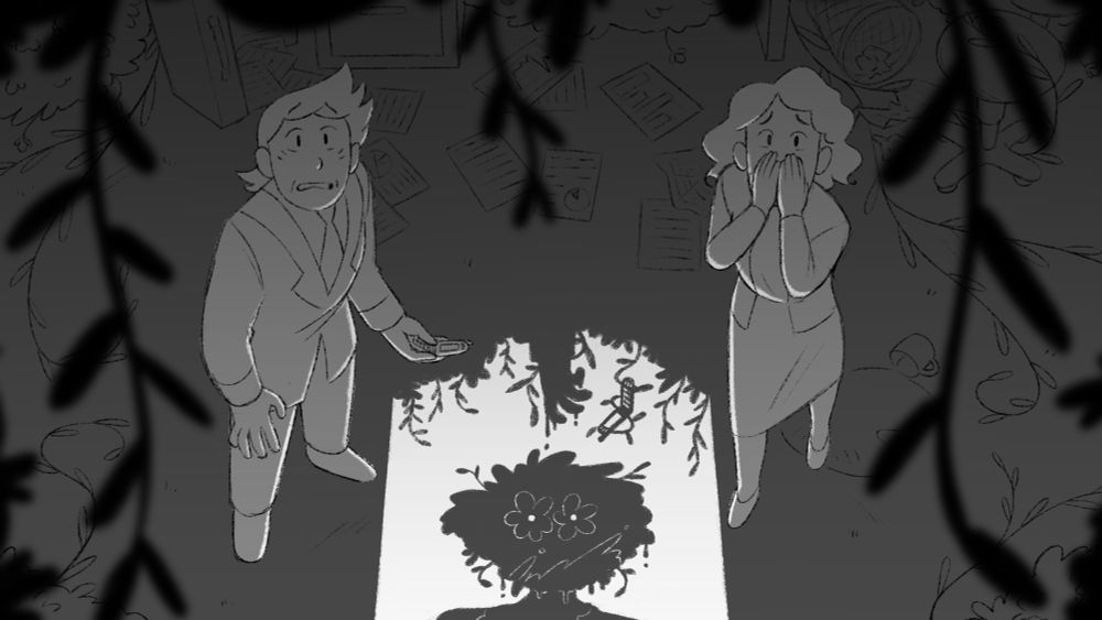 Content warning: gory

A grayscale drawing where two office workers are looking up at the camera, mortified by what they’re seeing. 

With the pov of the camera being from a body hanging above an open door, held up by plants that have over taken the room surrounding them. 

Light shines through the door below. The shadow of a person whose head is covered with the same plants around the room is casted onto the ground. Along with the shadow of the body’s hand hanging above, with blood dripping down from it