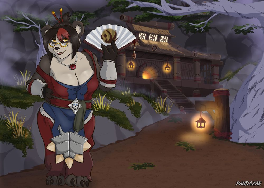 a busty elder pandaren woman holding a traditional asian decorative fan in a slight bow, welcoming the viewer to the tavern at the top of the hill.