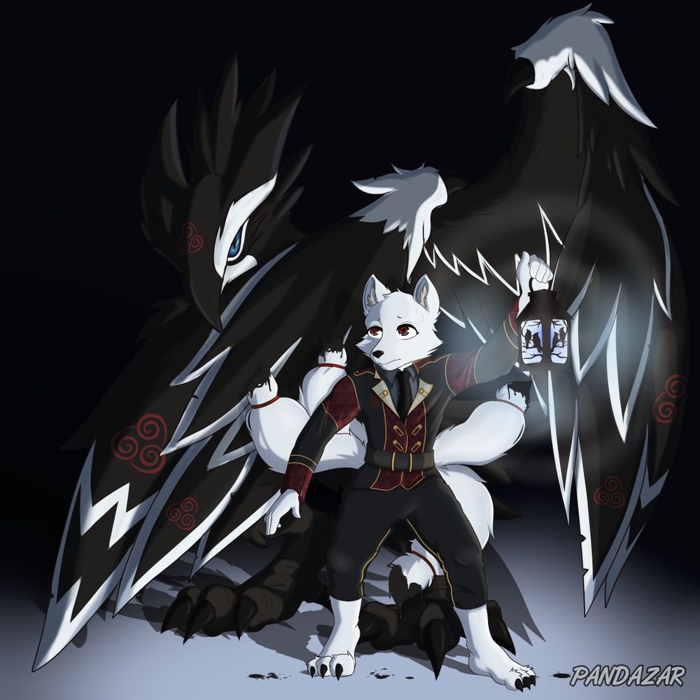 A weary traveler and his protective companion brave the darkness together, wielding their magic lantern.