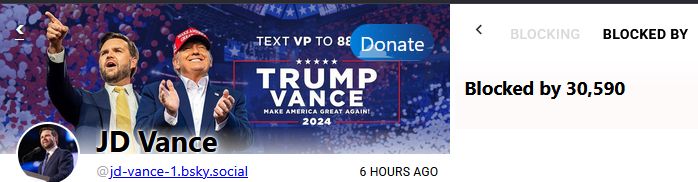 screen shot of https://clearsky.app/jd-vance-1.bsky.social/blocked-by with jd vance blocked by 30,590 users.
