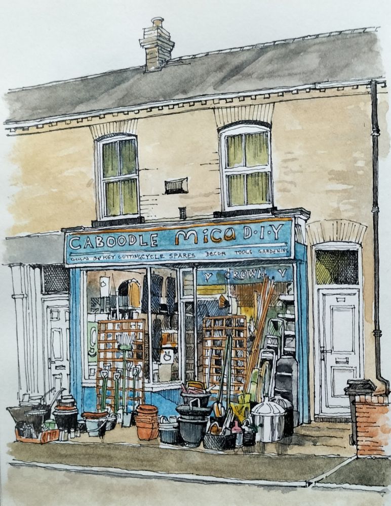 Pen and wash drawing of a DIY shop with goods displayed outside on the pavement. 