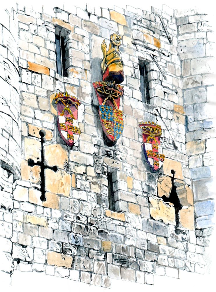 Pencil and watercolour of medieval coats of arms on a stone wall. The wall has some weathered stonework, three narrow windows and two cross-shaped arrow loops. The lower coats of arms are York city arms, the larger is the Royal Arms under a great helm, dating from the mid 14th century. 
