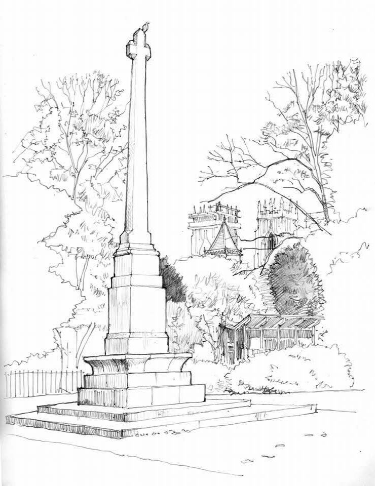 Pencil drawing of a war memorial consisting of a tall cross with a tapering base and short arms. It stands on a plinth with a tier of stone deliberately turned upside, referring to the chaos of war. 