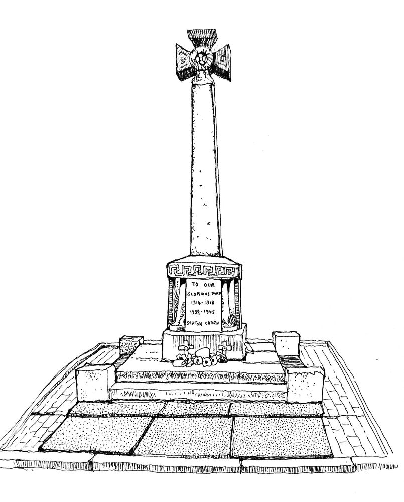 Pen and colour pencil drawing of a war memorial. A Maltese cross on a square, tapering column supported on a square pedestal mounted on two stone steps. The wording reads: TO OUR/ GLORIOUS DEAD/ 1914-1918/ 1939-1945/ SEATON CAREW.