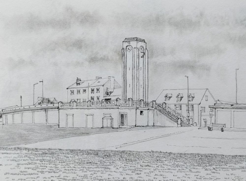 Pencil drawing of a tall, slender tower on a rectangular base building with steps on the side. There are houses in the background and a very cloudy sky. 