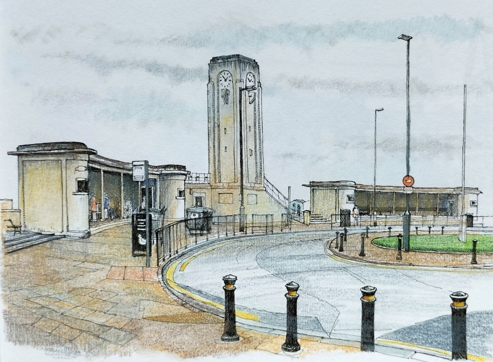 Pen and colour pencils sketch of a tall tower with a clock near the top of each face of the tower. Built in the Art Deco style with two curved open fronted shelters to each side. 