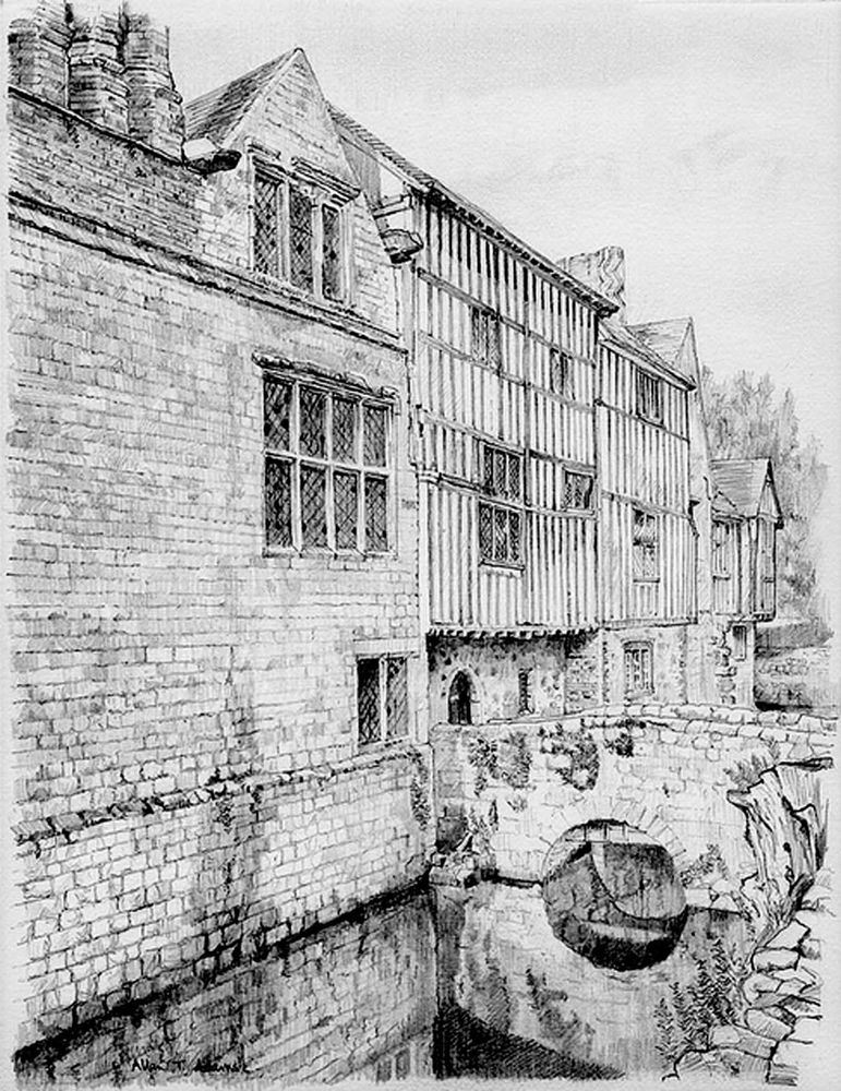 Pencil drawing of a house with a moat. In the foreground a stone bridge gives access to a small doorway through the stone lower storey. A large portion of the house is made of timber framing. 