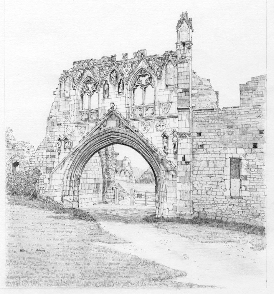 Pencil drawing of a ruined gateway to a medieval monastery. 