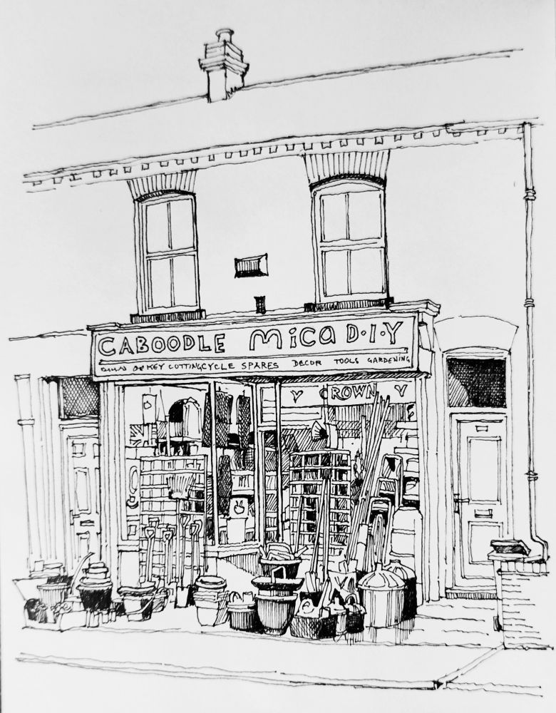 Pen sketch of a DIY shop with goods displayed outside on the pavement. 