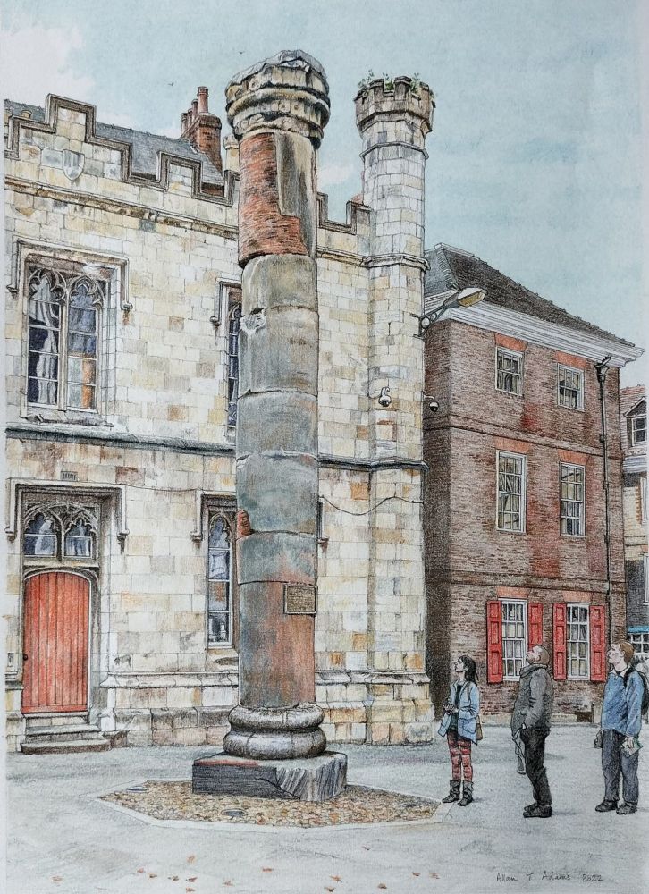 Colour pencil drawing of a Roman column standing in front of a stone building. 