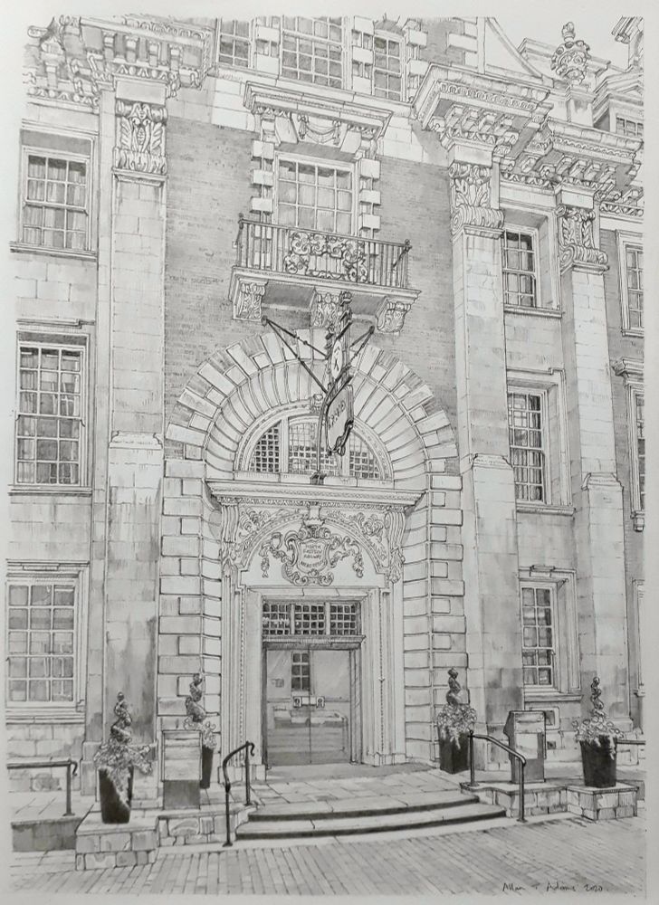 Pencil drawing of the entrance of a former office building. Above the doorway is a decorative panel and then an arched window. 