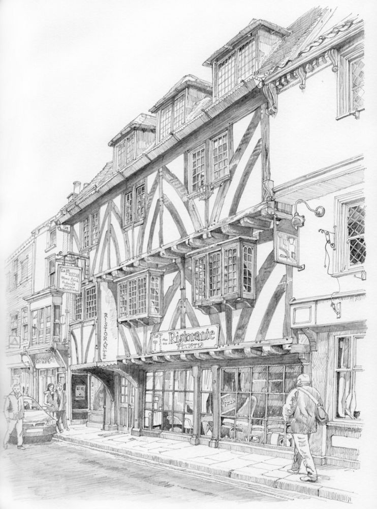 Pencil drawing of a three storey timber framed building with a few people walking past. 
