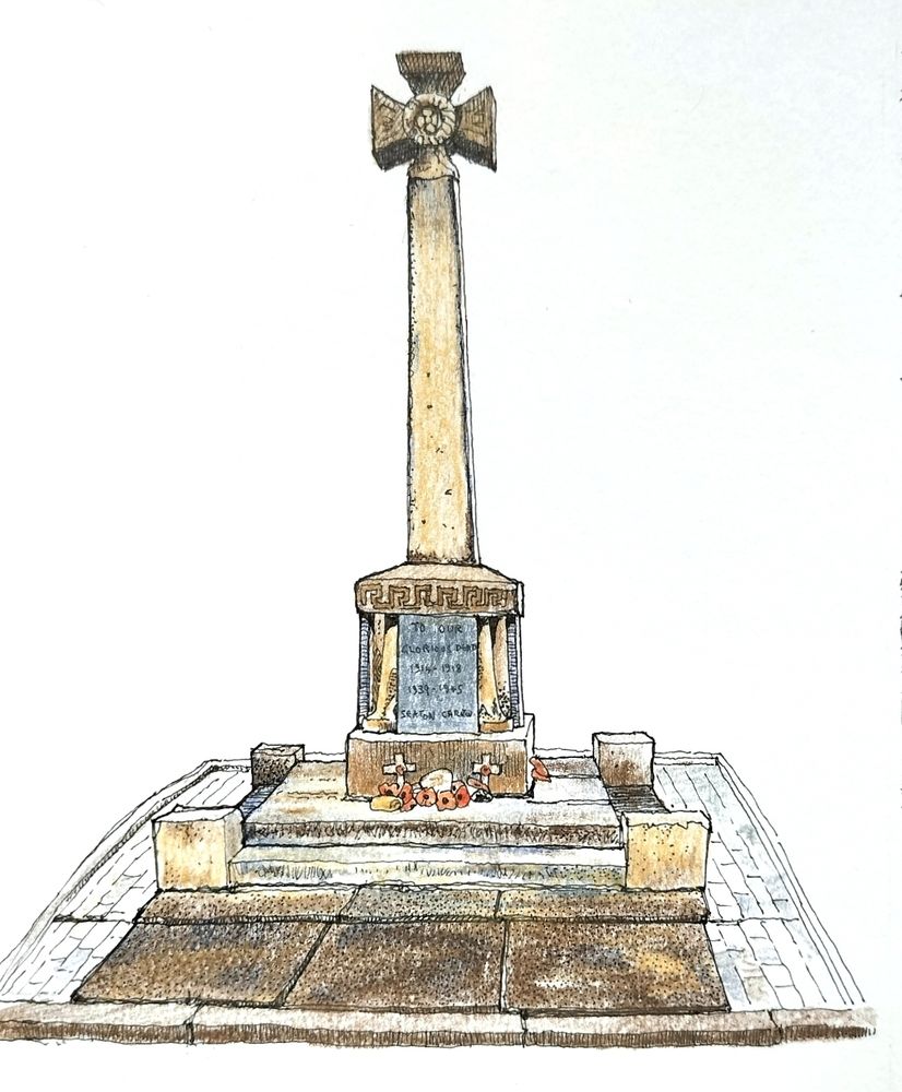 Pen and colour pencil drawing of a war memorial. A Maltese cross on a square, tapering column supported on a square pedestal mounted on two stone steps. The wording reads: TO OUR/ GLORIOUS DEAD/ 1914-1918/ 1939-1945/ SEATON CAREW.