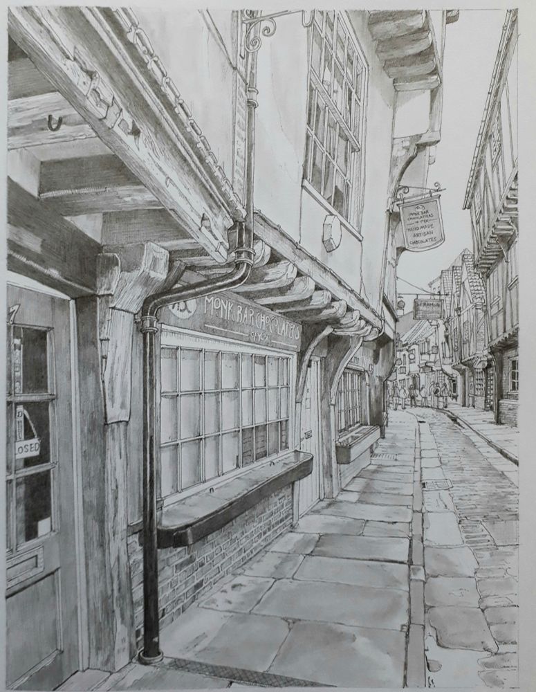 Pencil drawing of a quiet, narrow street lined with medieval and later buildings. Several buildings have overhanging upper floors. 