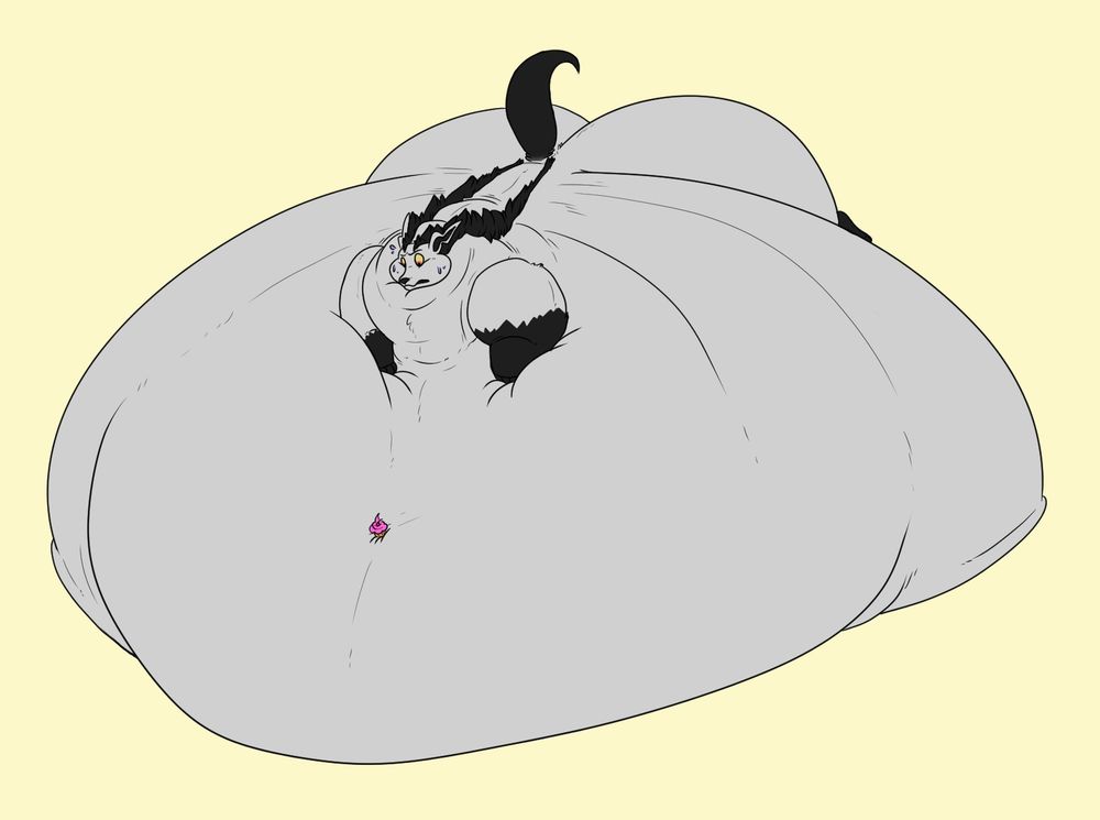 Milkbone the Mightyena beached on top of his own huge grey-furred stomach. He's looking anxiously down at a cupcake that's sitting out of reach on his gut. 