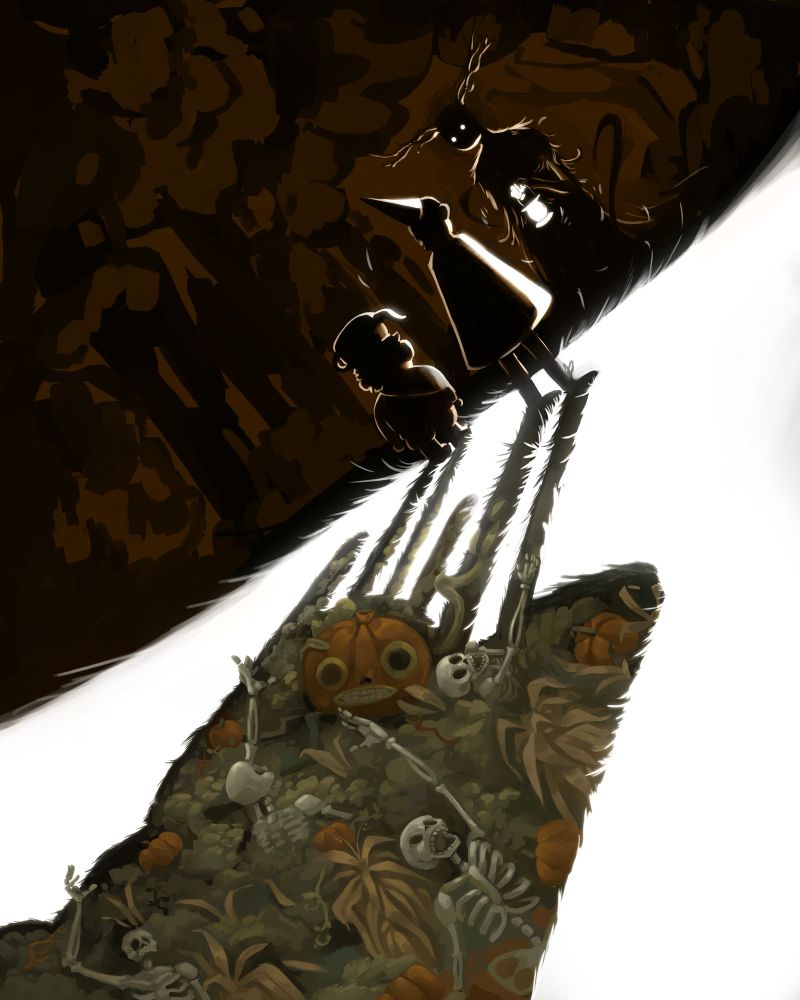 The beast from over the garden wall confronting Greg and Wirt, casting shadows of skeletons behind the stark white light