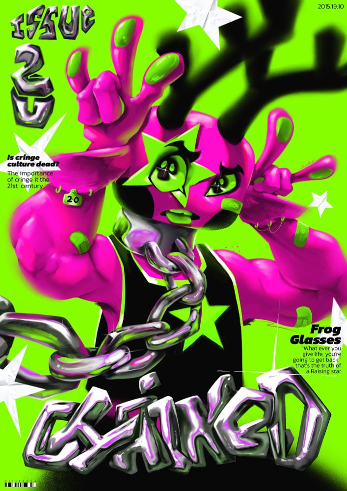 Digital art poster, which says "chained" metallic text. Super bright greens and pinks. Frog poses with rock sighs don't the sides of his head and fading black antlers on top