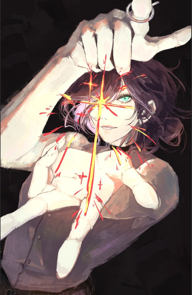 reze from chainsaw man holding her hands out, a spark in front of her face