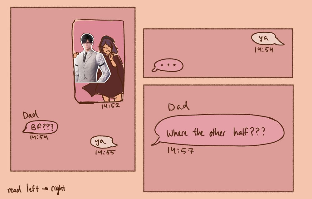 first panel is a photo of me and a cardboard half body cutout of zayne from love and deepsapce. a contact named dad replies "bf???" and i reply "ya." second panel is "ya" with a typing bubble below it. third panel: dad says "where the other half???"