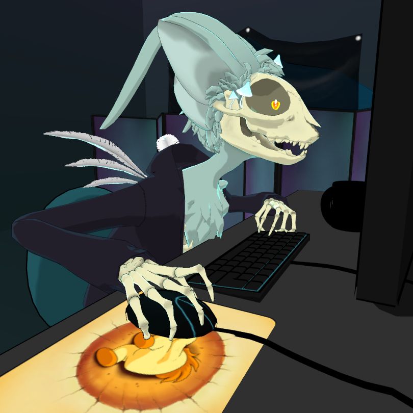 vrchat photo of an anthropomorphic skeletal acara neopet sitting at a desktop computer. the mousepad is a bright orange dragonball z parody drawing of dead chia. the rest of the room is made up of cooler, darker colors.
