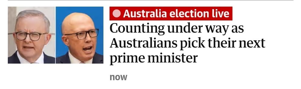 Screenshot from Guardian website, including a headline reading: "Counting under way as Australians pick their next prime minister"