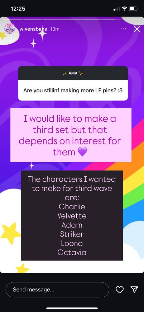 Screenshot from Instagram user Wivensbane’s story showing the tentative third wave of their 90s Neon Hellaverse pins; Charlie, Velvette, Adam, Striker, Loona, and Octavia.