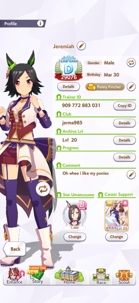 A screen shot of an umamusume profile. The user is jeremiah and the code is 909772883031